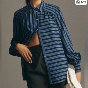 Anthropologie Navy and Black Striped Button Down Shirt